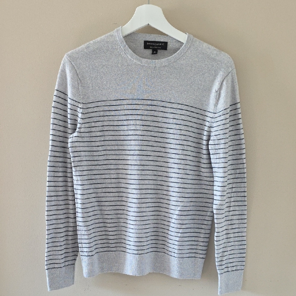 Banana Republic Light Gray and Black Striped Crewneck Sweater